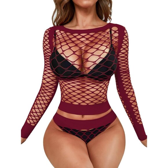 🆕Women Wine Red Fishnet Mesh Babydoll Bodysuit Lingerie Long Sleeve See Through - Picture 1 of 5